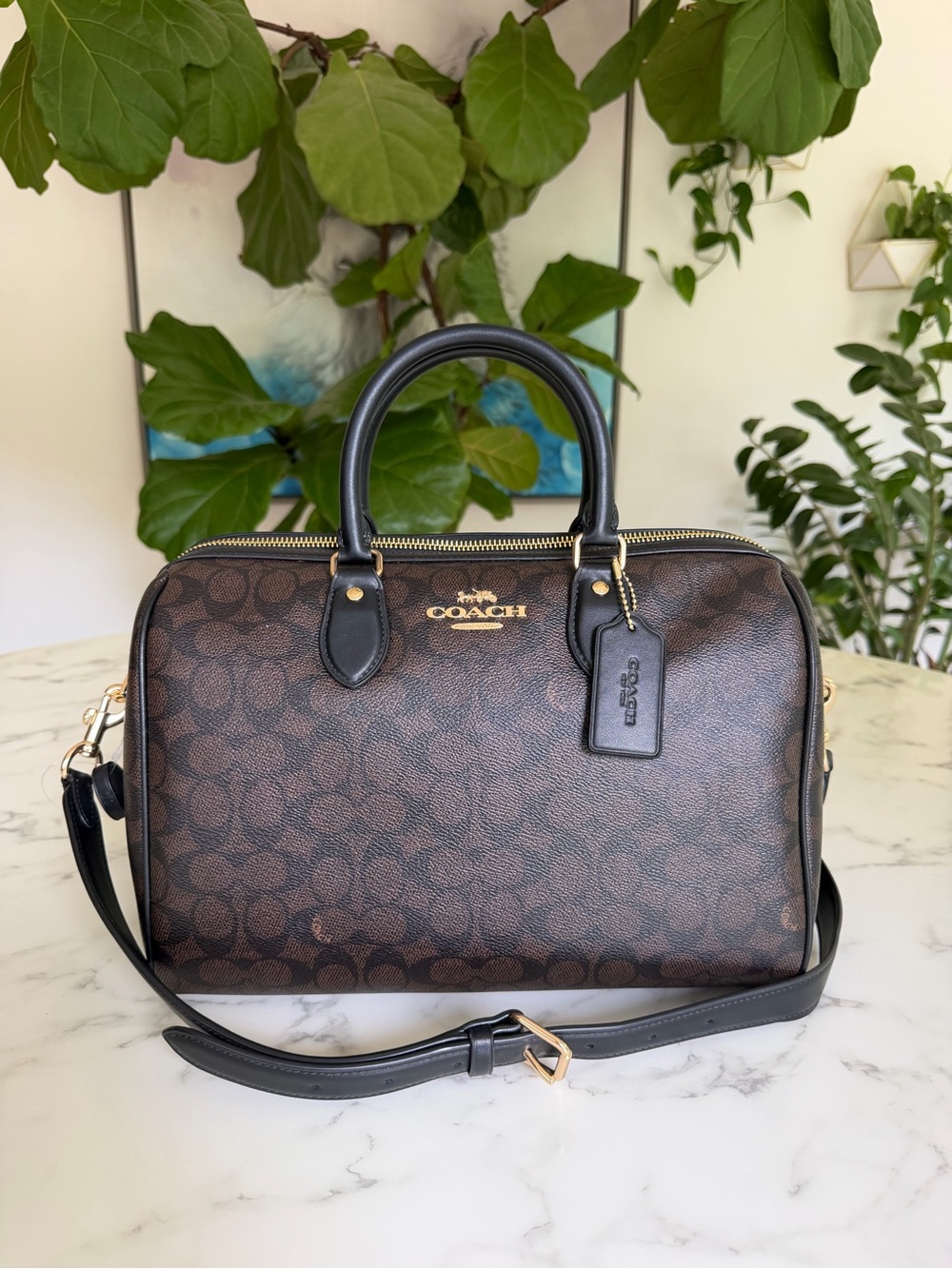 NWT Coach Rowan Large Satchel Crossbody Bag Signature Canvas Walnut Black CEY74